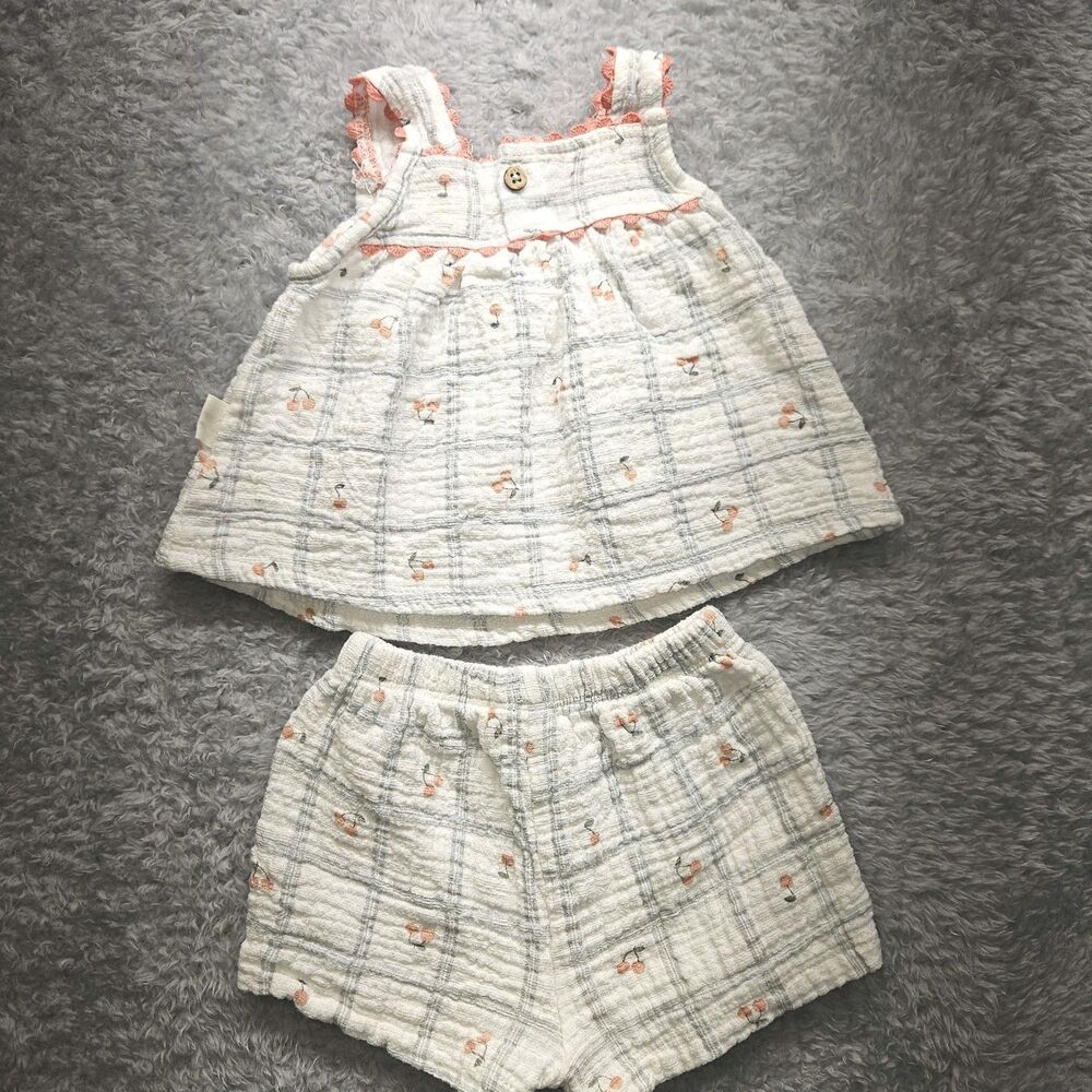 Rabbit Bear Organic Cotton Baby Girl Cherry Plaid Outfit Size 3-6 Months - Picture 7 of 7